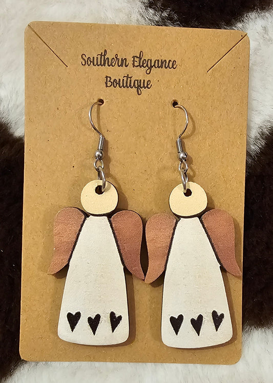 Beautiful Wooden 3 heart Angel Dangle Earrings