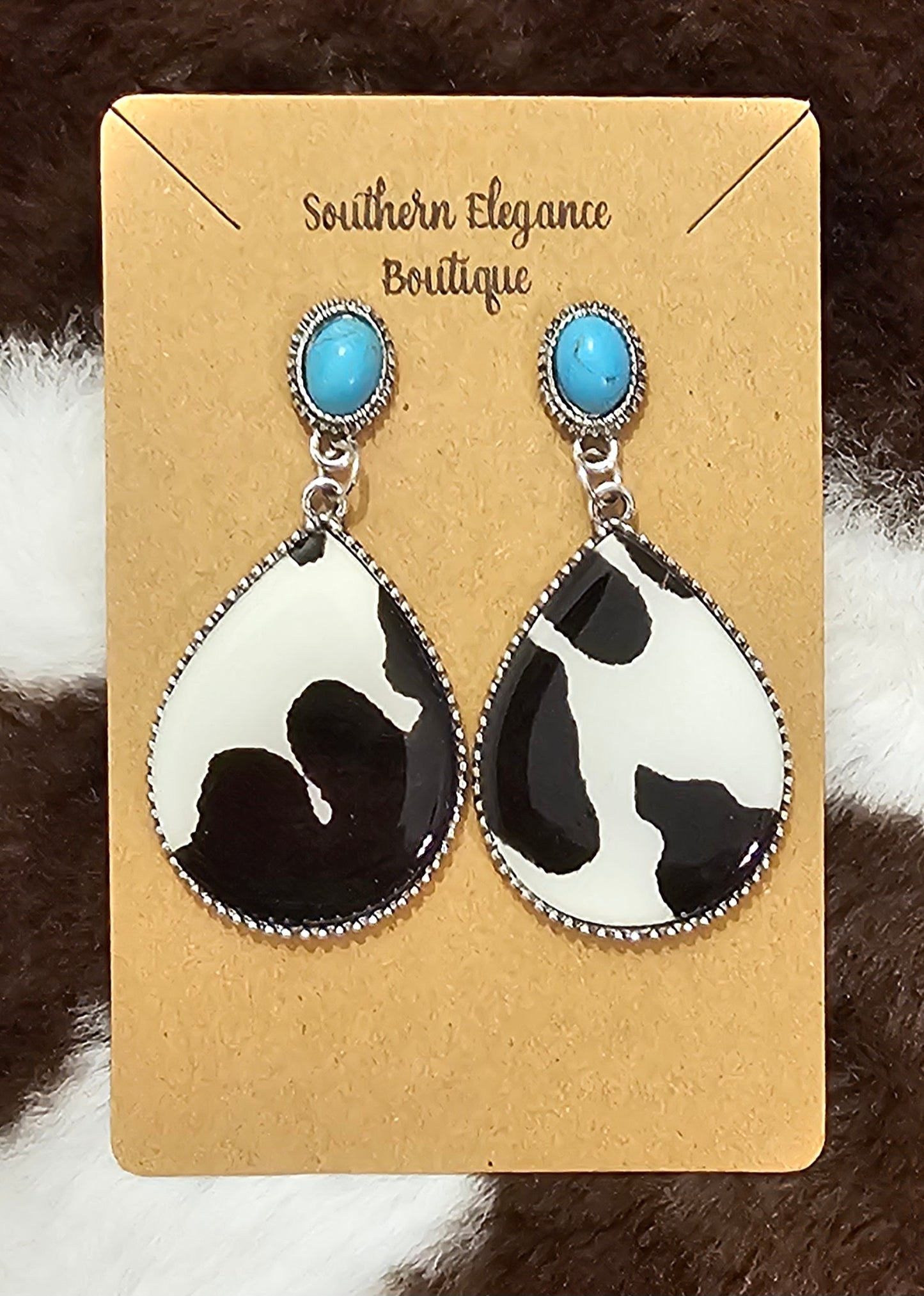 Cowprint & Turquoise teardrop Dangles