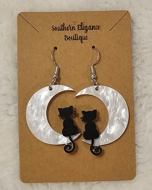 Marble Moon Kitty Dangle Earrings