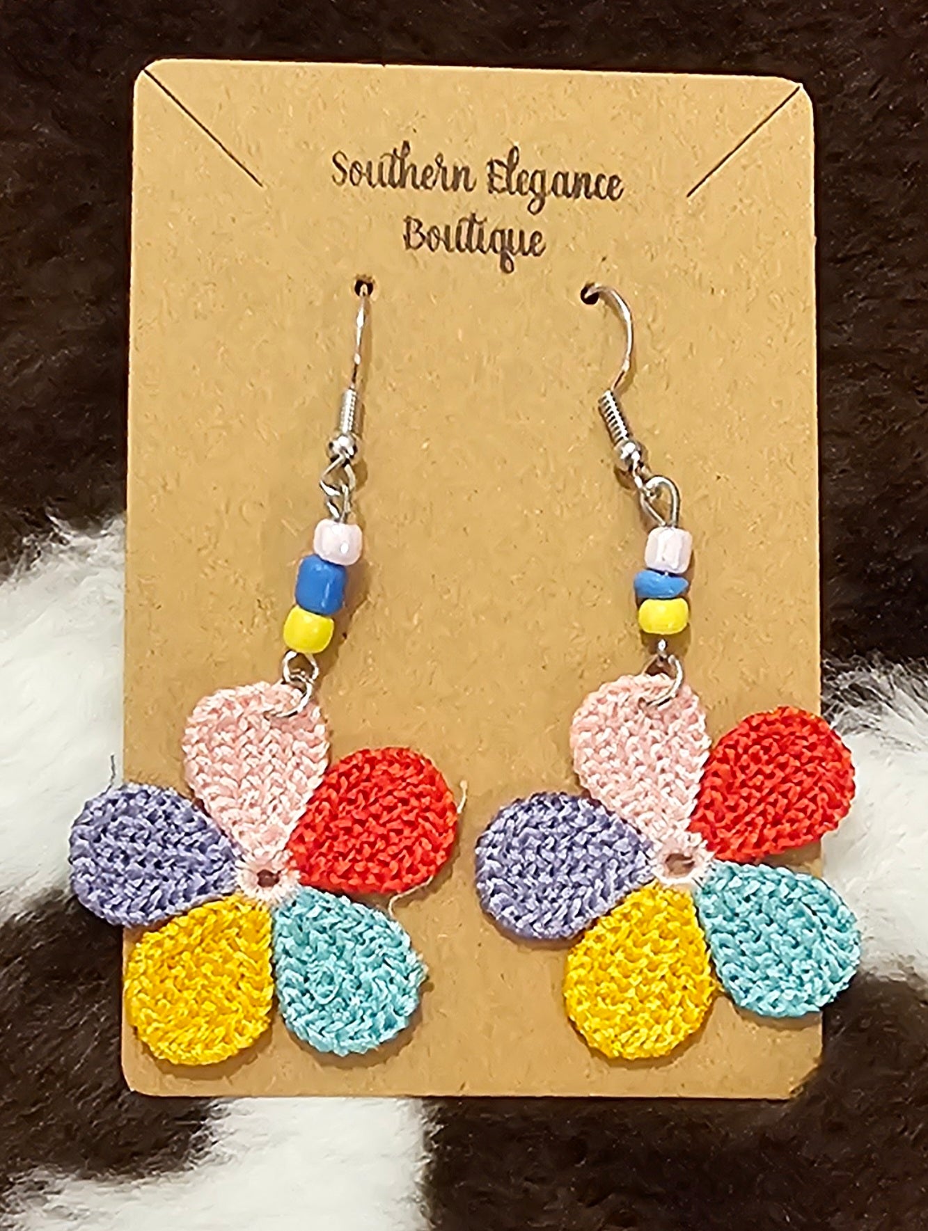 Rainbow Flower Power Crochet Dangle Earrings