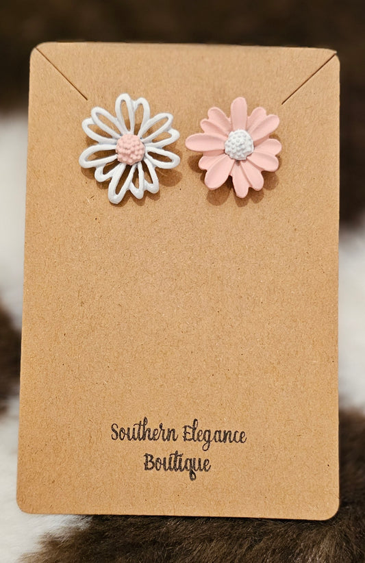 Pink and White Flower Stud Earrings