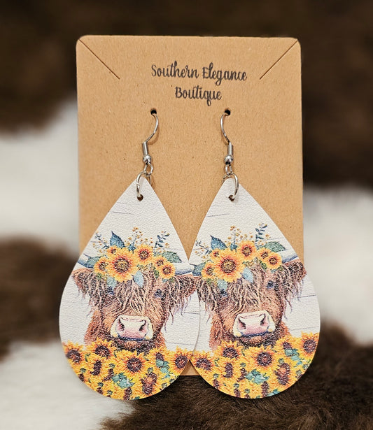 Highland Cow Sunflower Teardrop Earrings