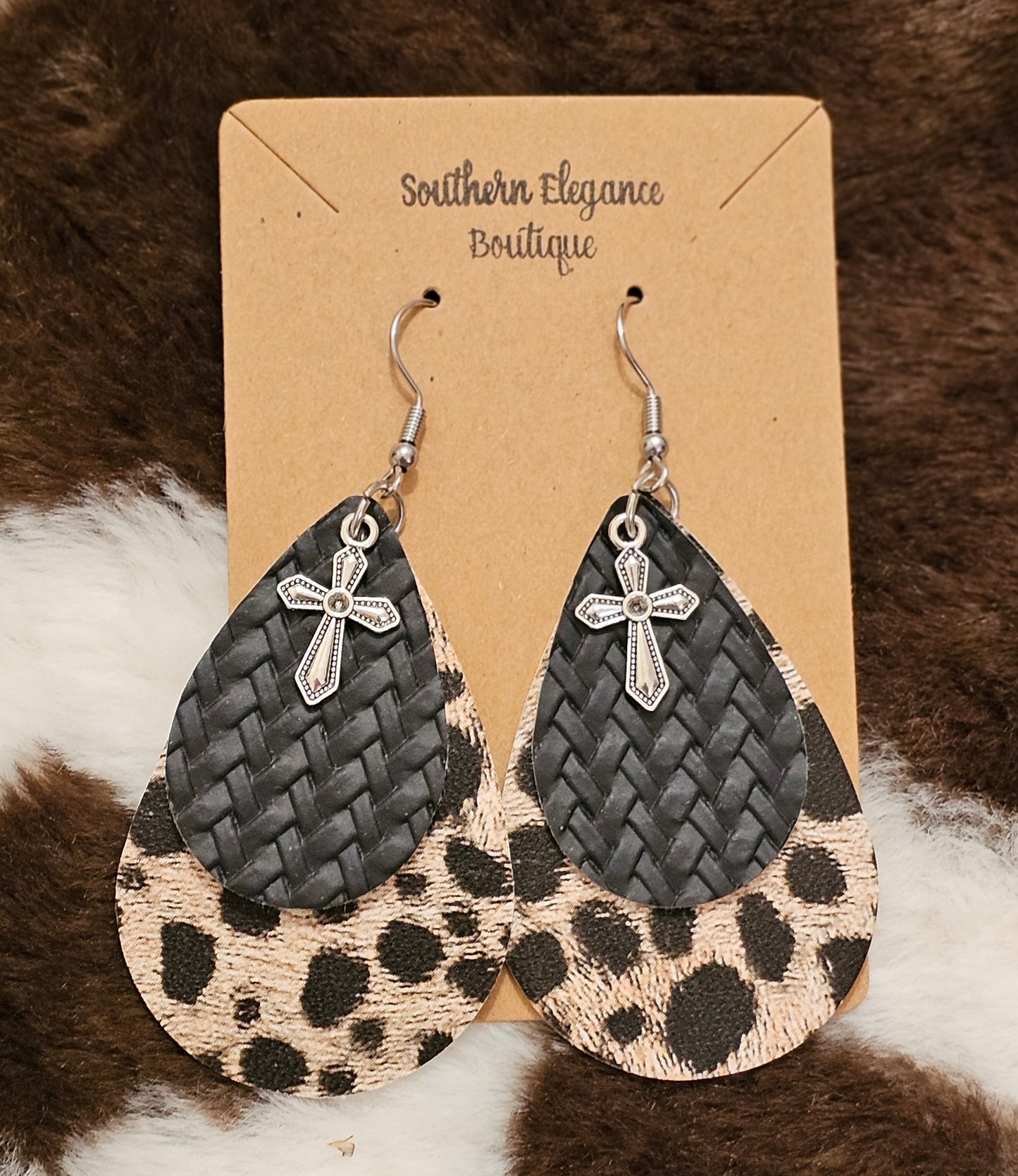 Leopard and Black Cross Earrings