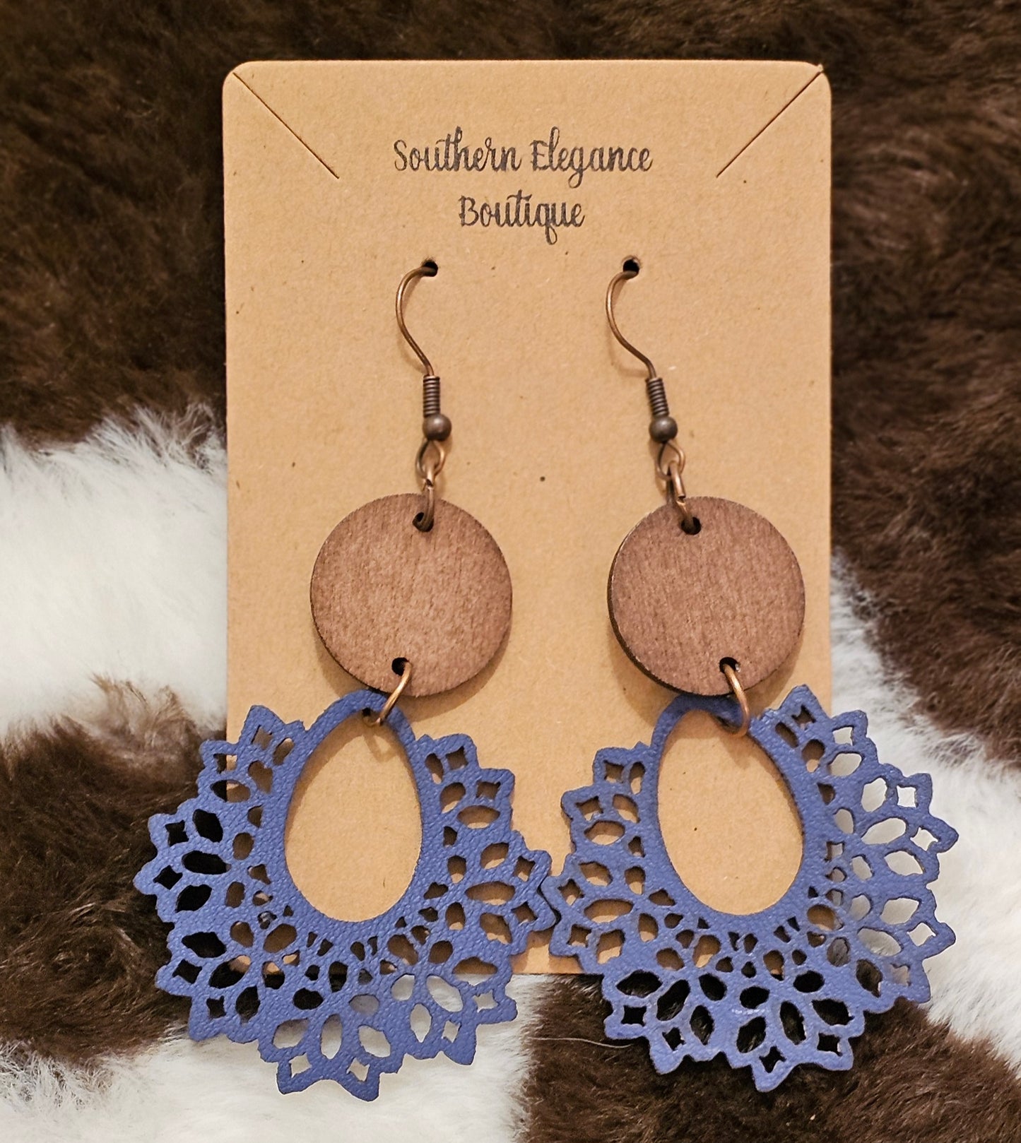 Blue Flower Wooden Dangle Earrings