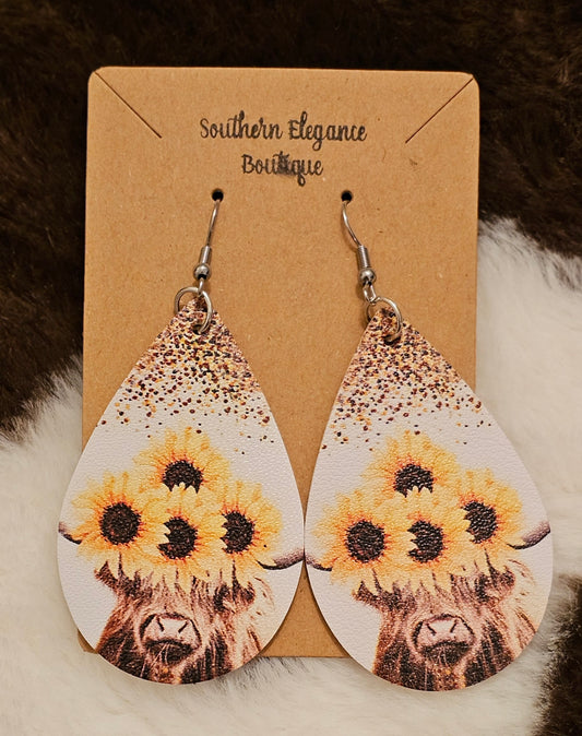 Sunflower Highland Cow Teardrop Earrings