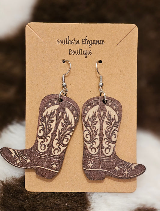 Brown Wooden Cowboy boot Earrings