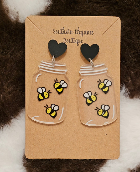 Mason Jar Bees Dangle Earrings