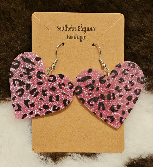 Pink Leopard Print Heart Earrings