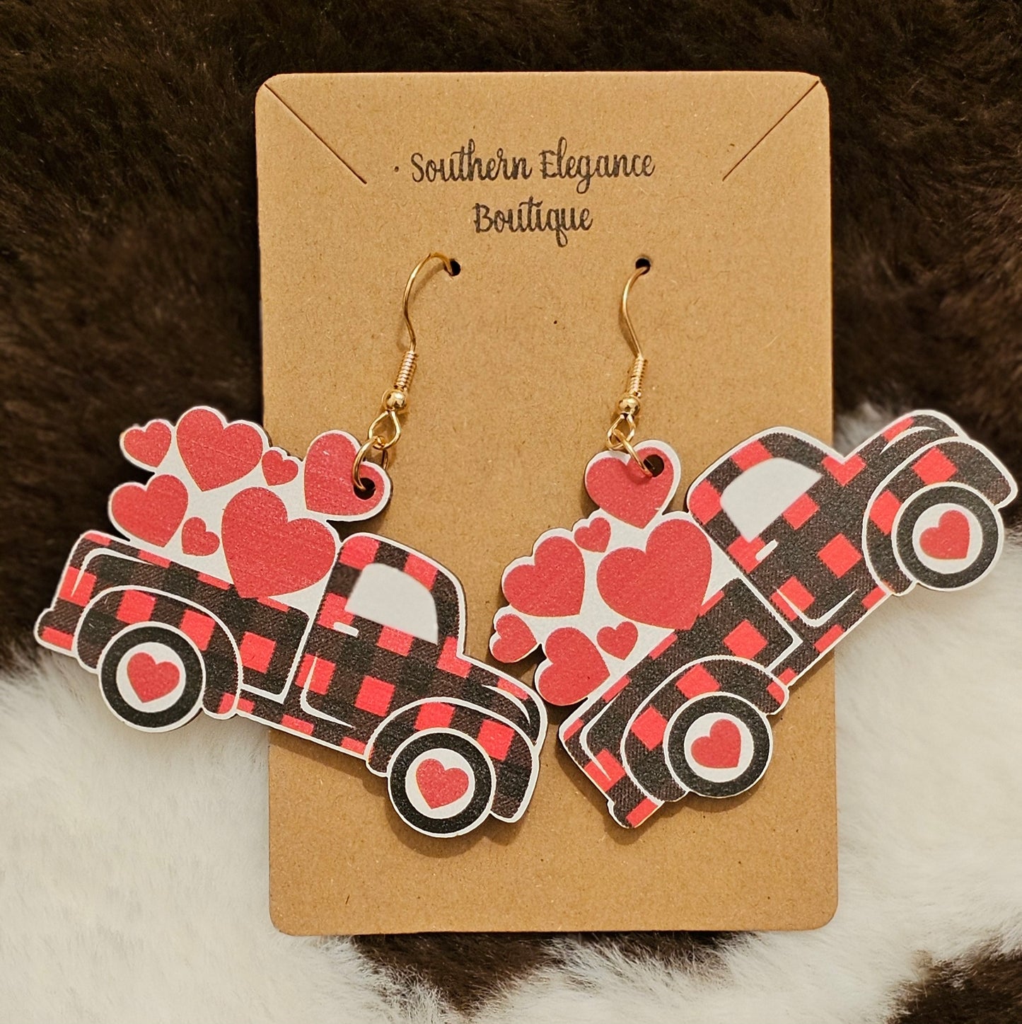 Buffalo Plaid Heart Truck Earrings