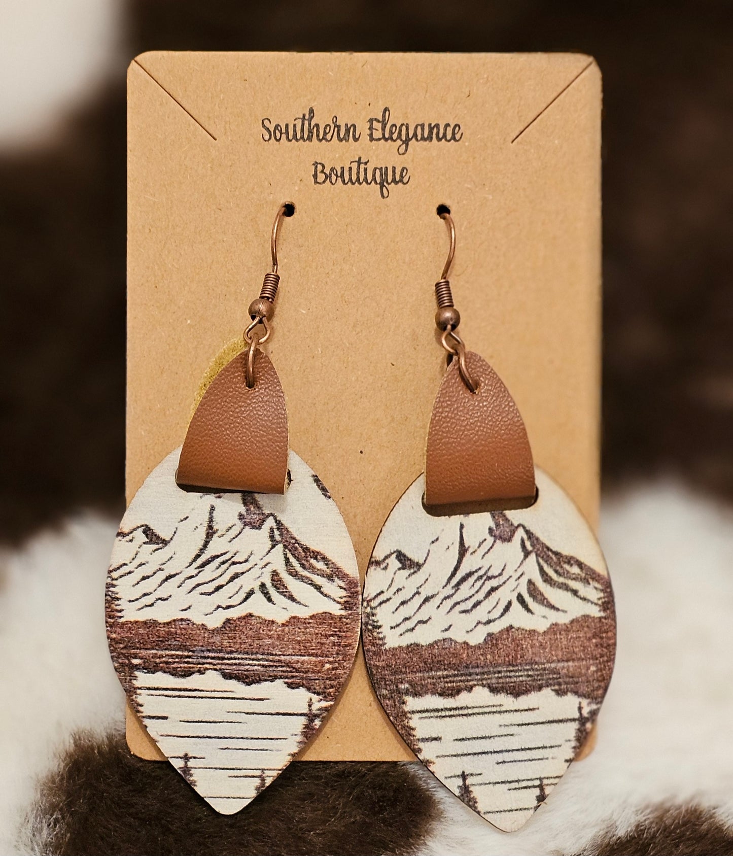 Wooden & Leather Mountains Earrings-Brown