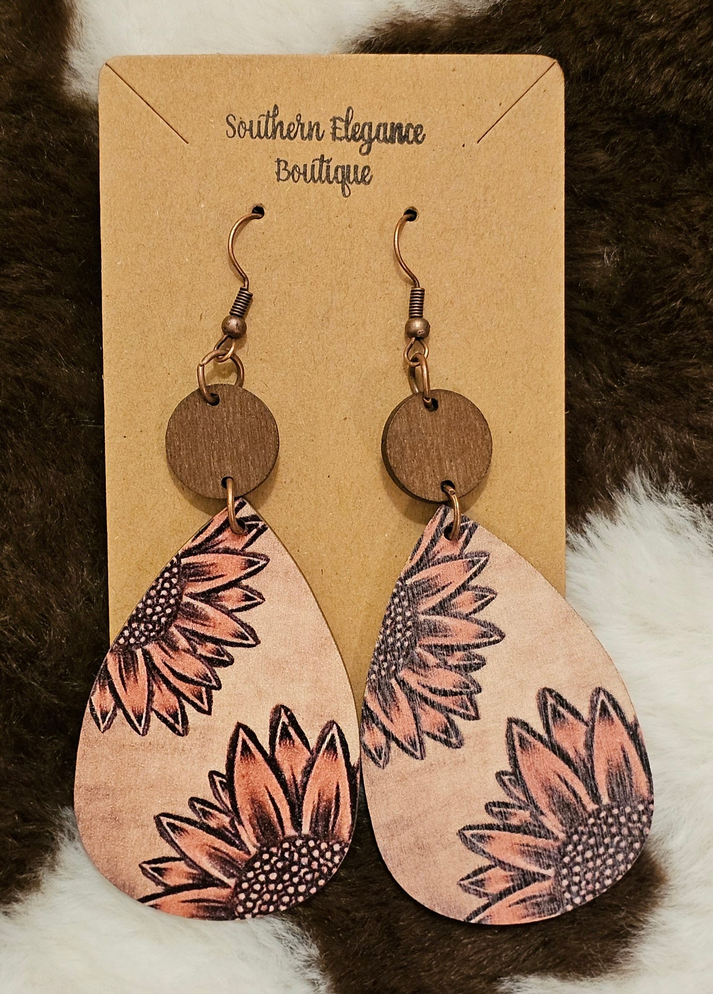 Wooden Sunflower Teardrop Dangle Earrings