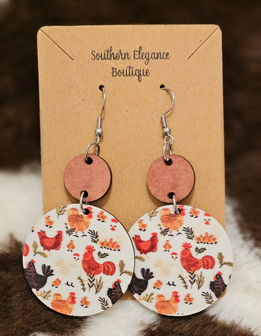 Chicken Round Wooden Dangle Earrings