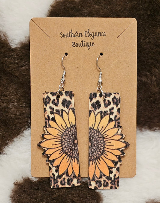 Wooden Leopard Sunflower Dangles