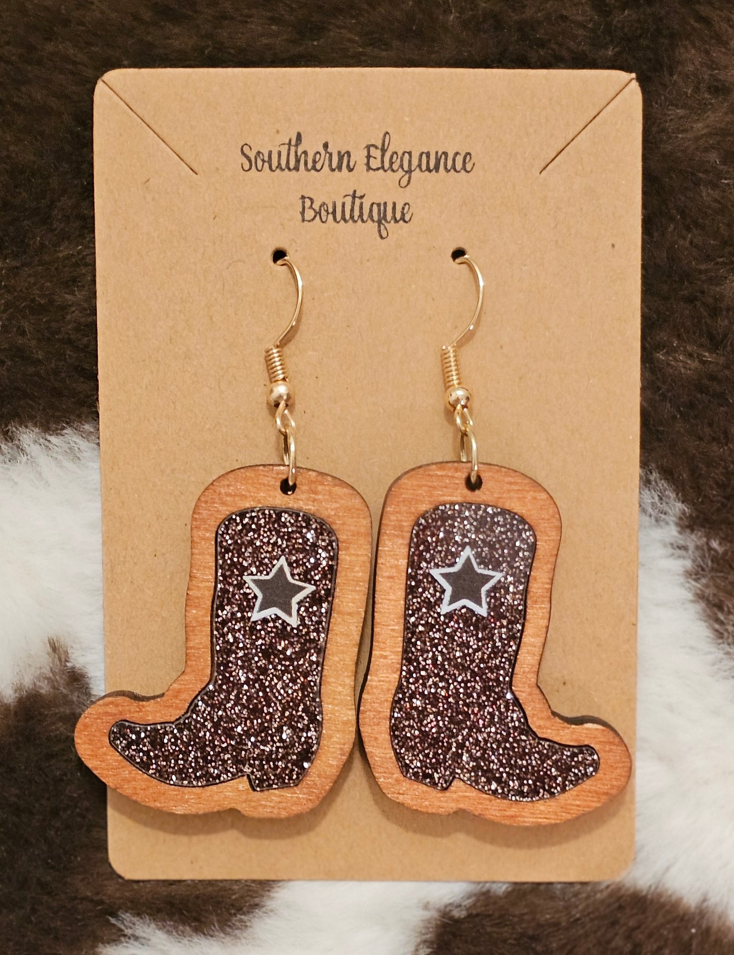 Black Glitter Cowgirl Boot Earrings