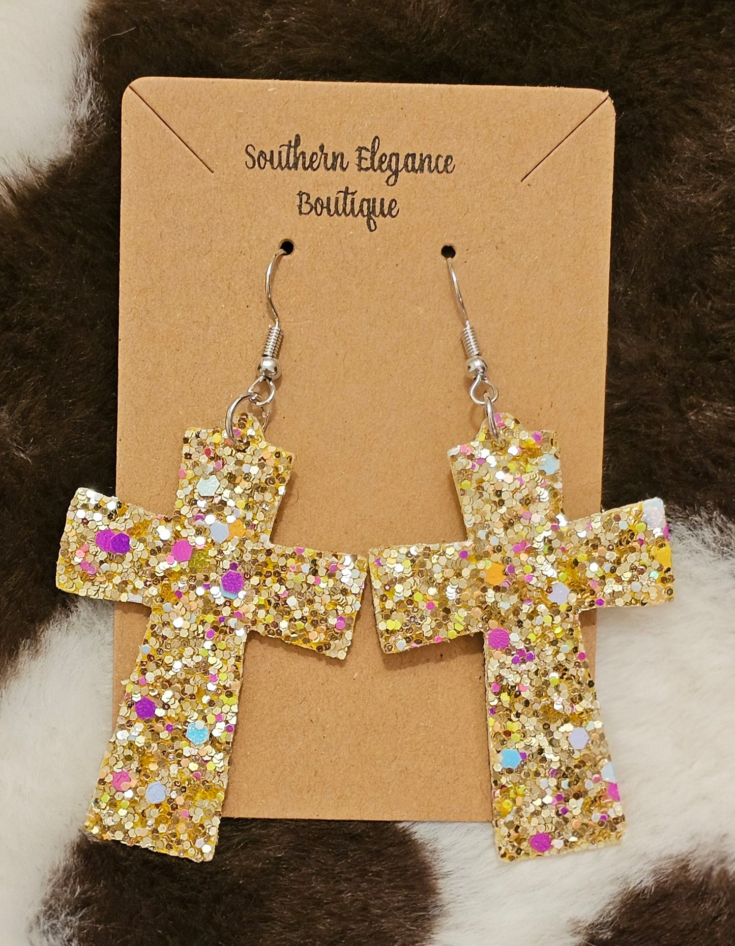 Golden Glitter Cross Dangle Earrings