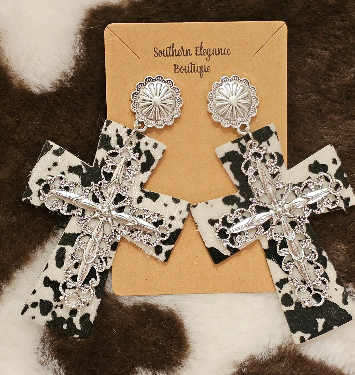 Cowprint Cross Earrings