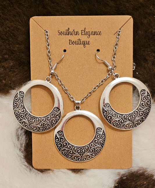 Silver Circle Necklace and Earrings Set