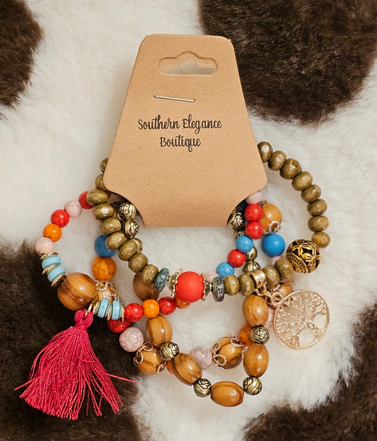 Wooden Bead Multi-colored Bracelet Stack