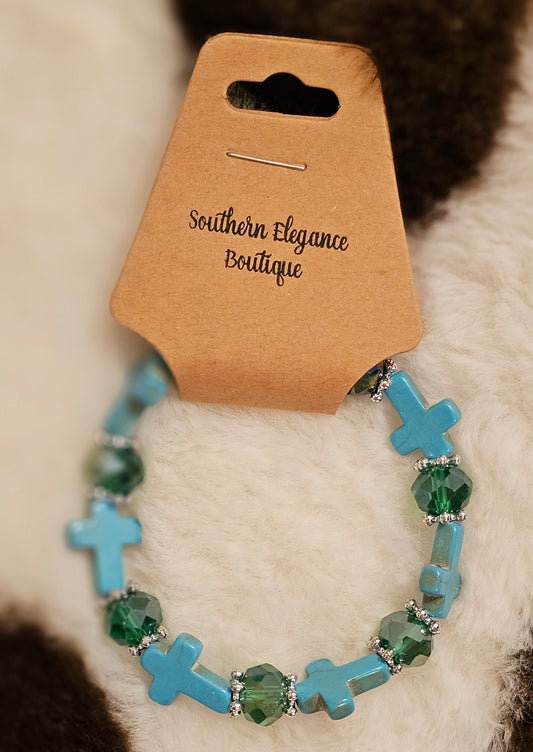 Turquoise Bead Bracelet- Cross