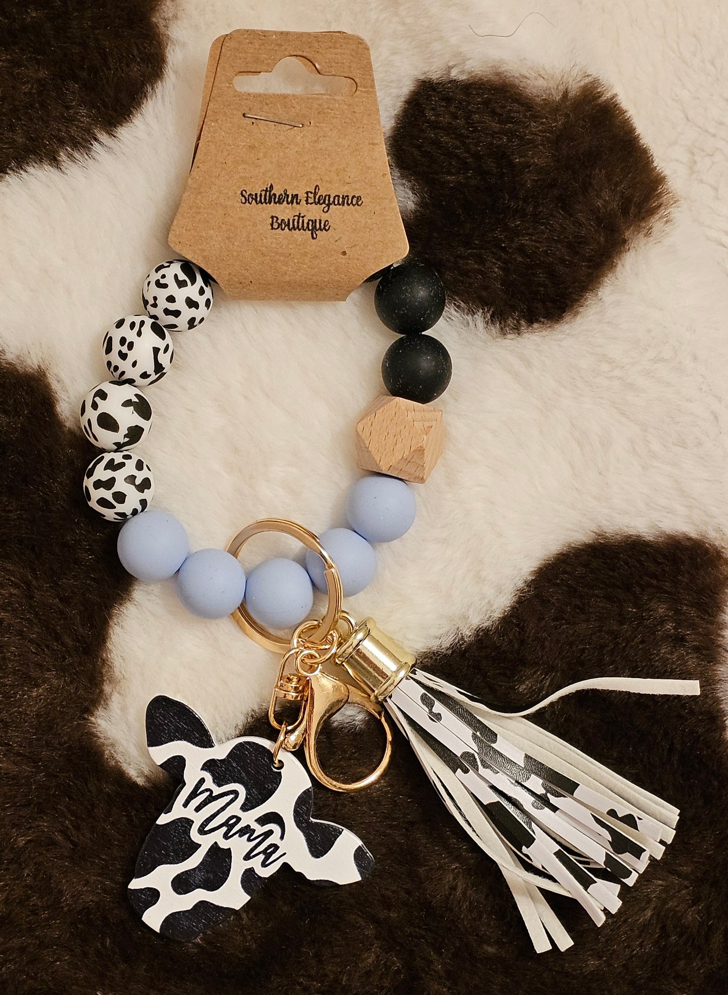 Cowprint Cow MaMa Keychain-baby blue