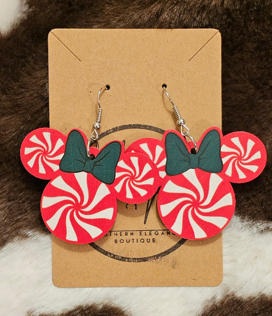 Adorable Wooden Candy Cane Minnie Mouse Dangle Earrings