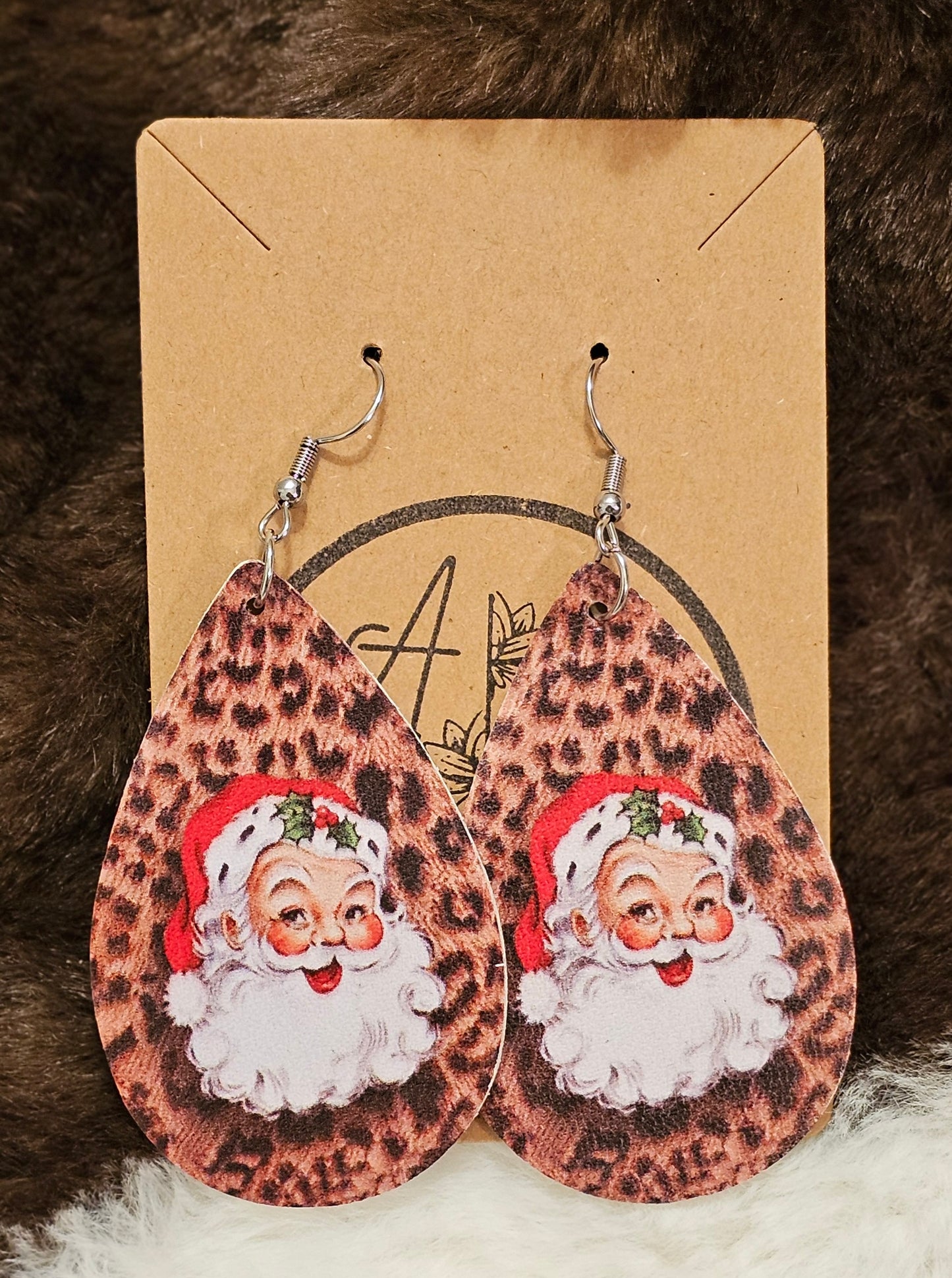 Retro Leopard Santa Claus Teardrop Dangle Earrings