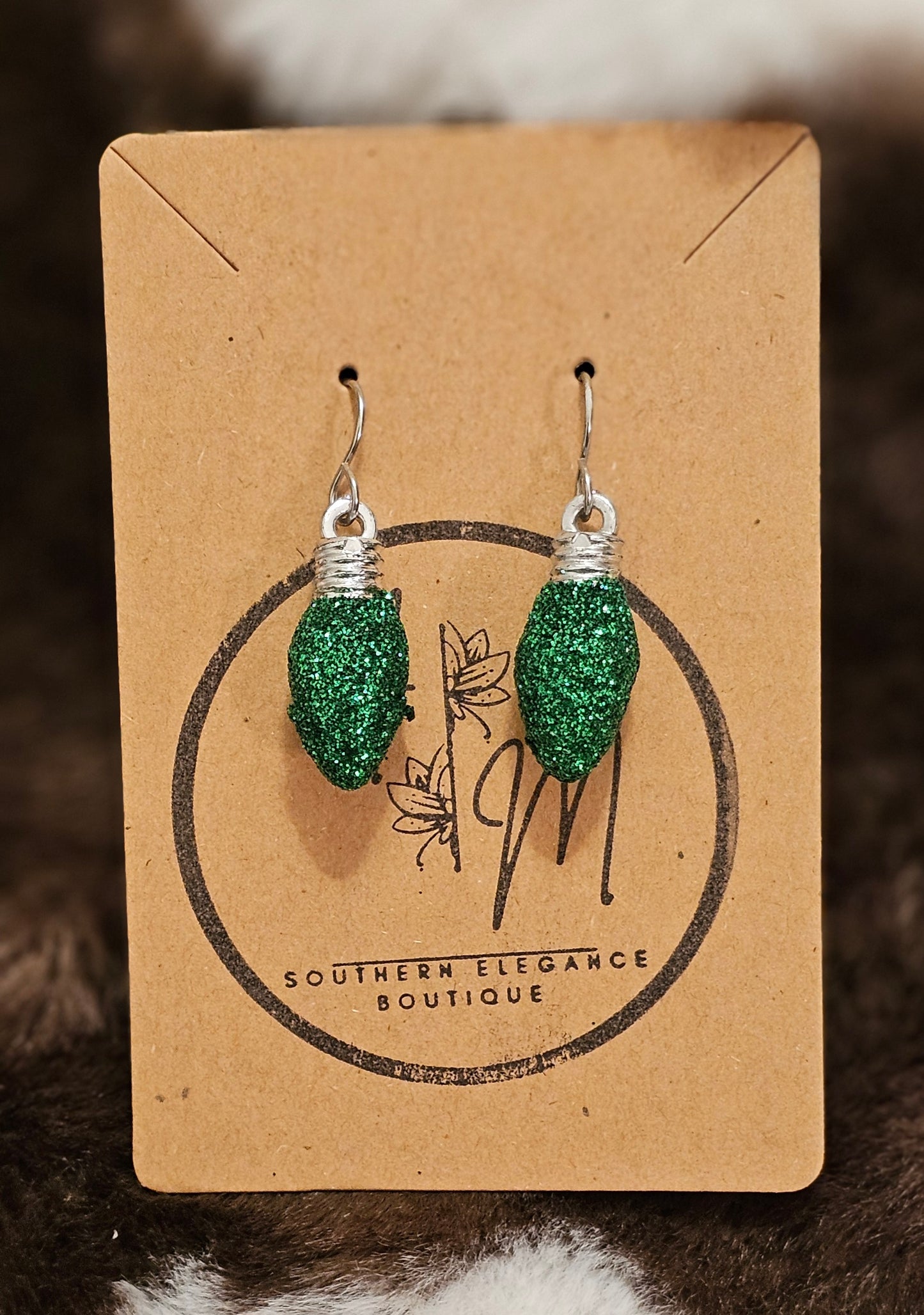 Green Glitter Christmas Light Earrings