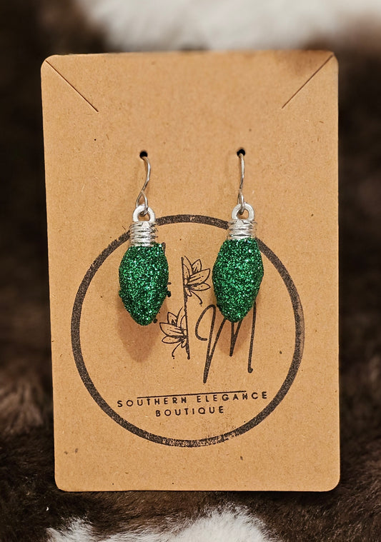 Green Glitter Christmas Light Earrings