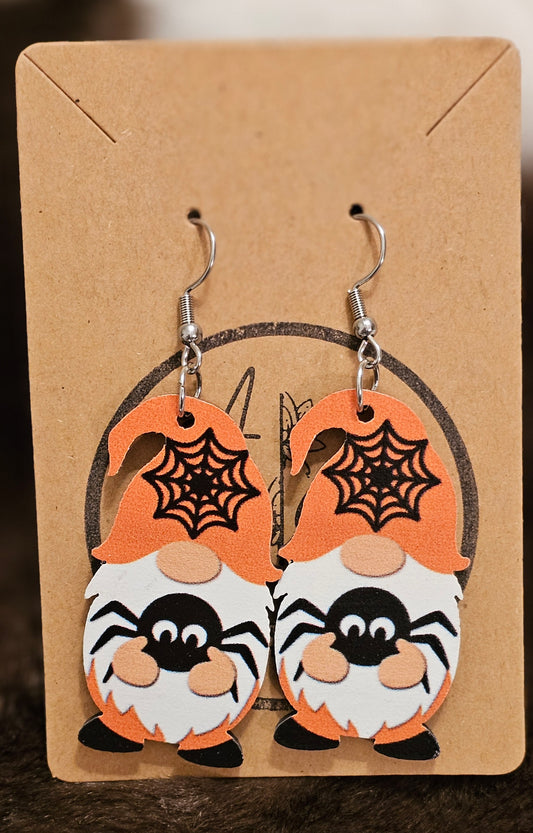 Wooden Spider Halloween Gnome Earrings