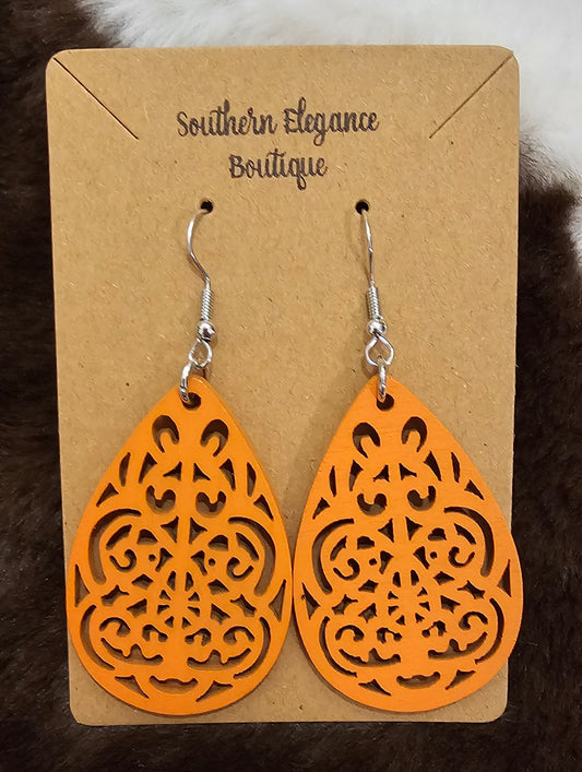 Wooden Teardrop Earrings- Orange