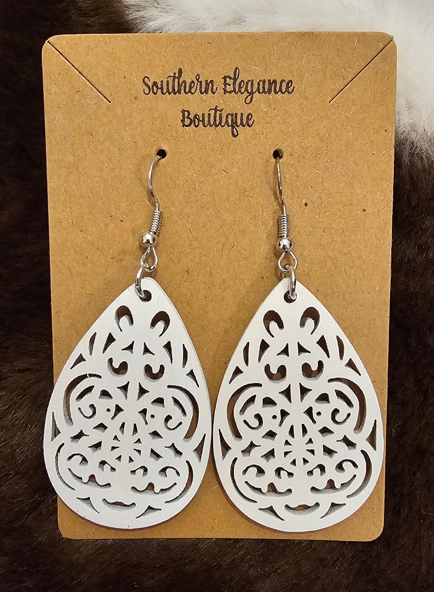 Wooden Teardrop Earrings- White