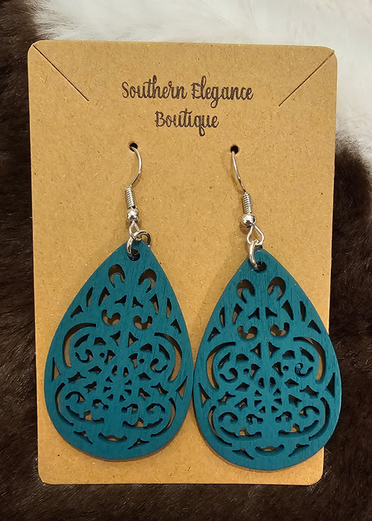 Wooden Teardrop Earrings- Teal